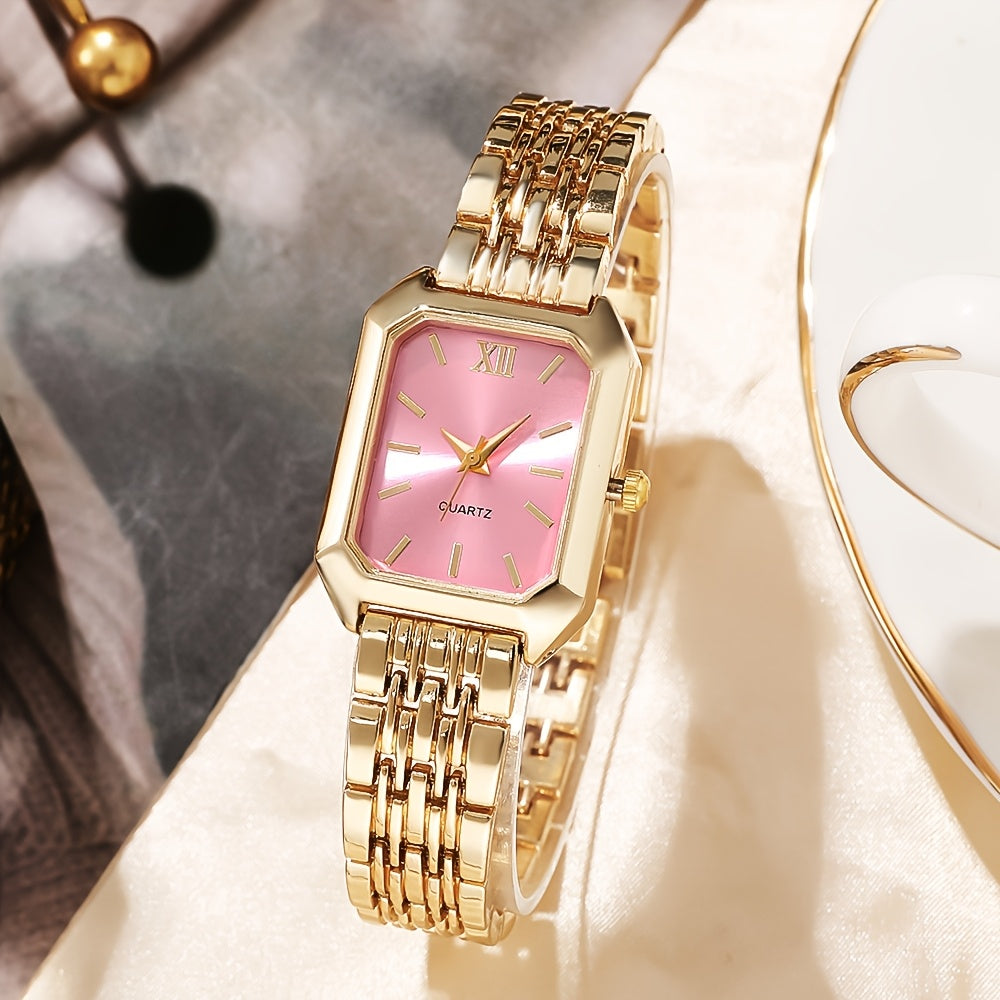 Women's Quartz Watch with Gold-Tone Rectangle Case, Multi-Color Dial, Shockproof Alloy