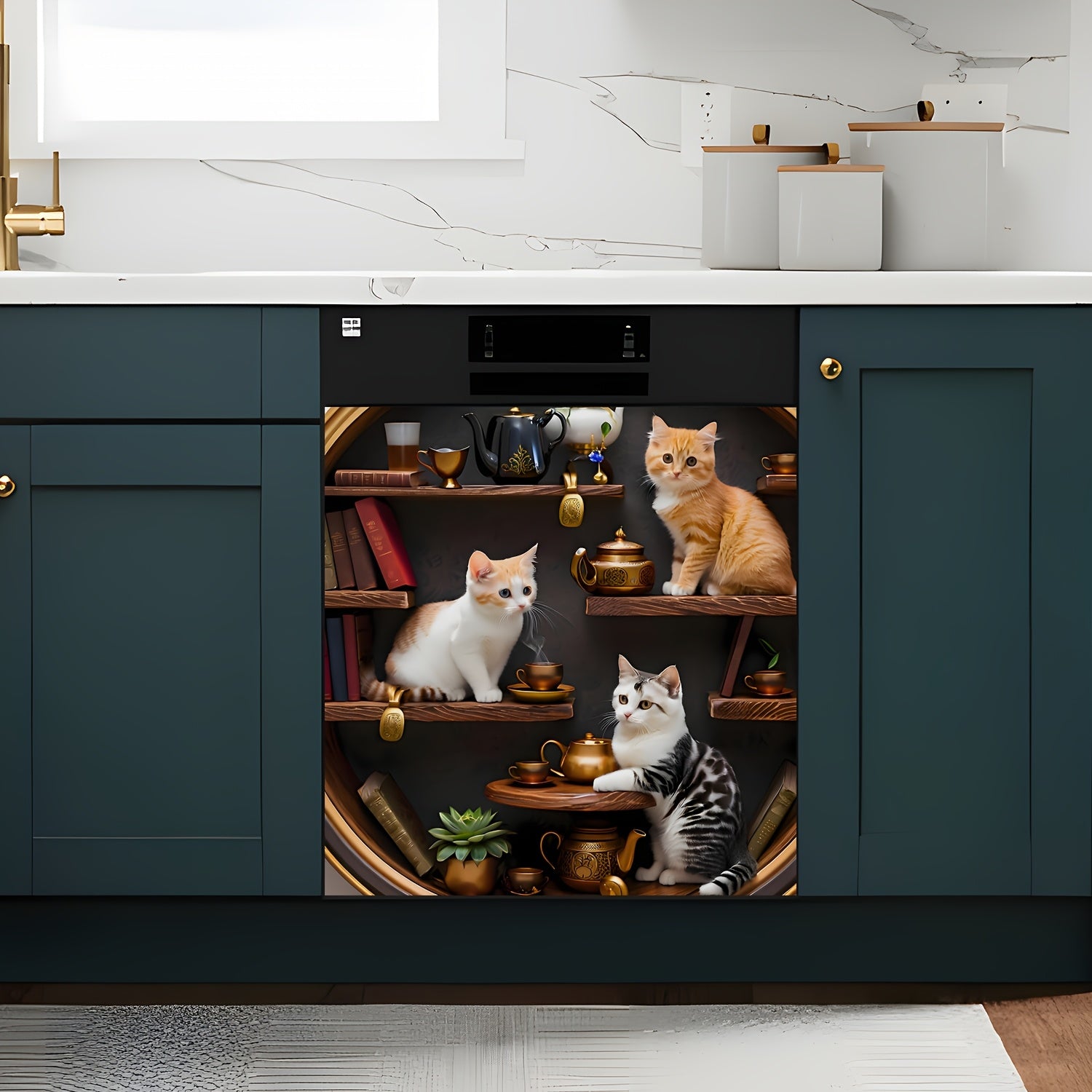 Mushuk mavzusidagi magnitli idishlarni yuvish mashinasining qopqog'i uchun dekali yumshoq vinil stiker, apelsin rangli tabby mushukcha, oshxona dekoratsiyasi