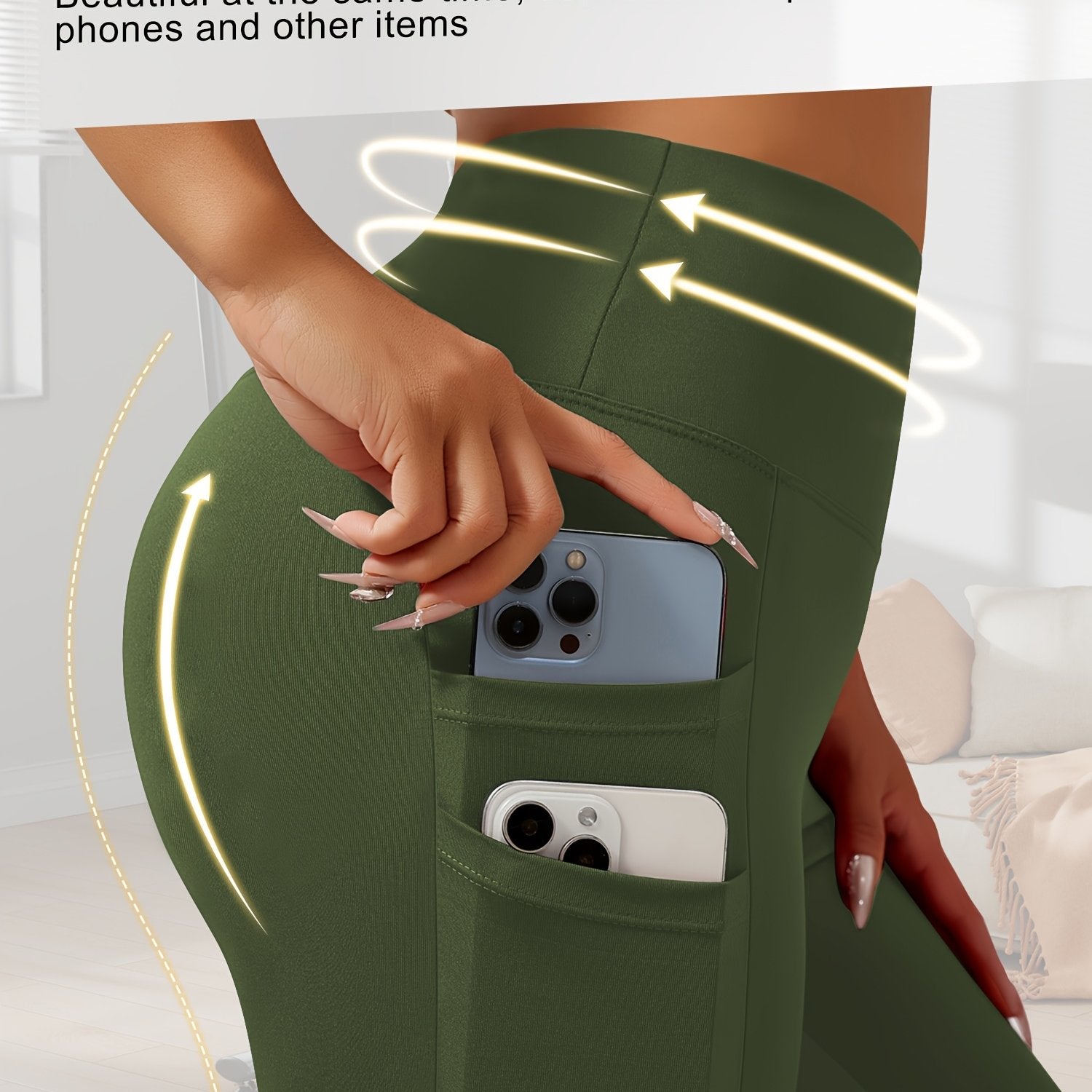 Leggings de talla grande con cintura alta y bolsillos, de poliéster elástico y elastano