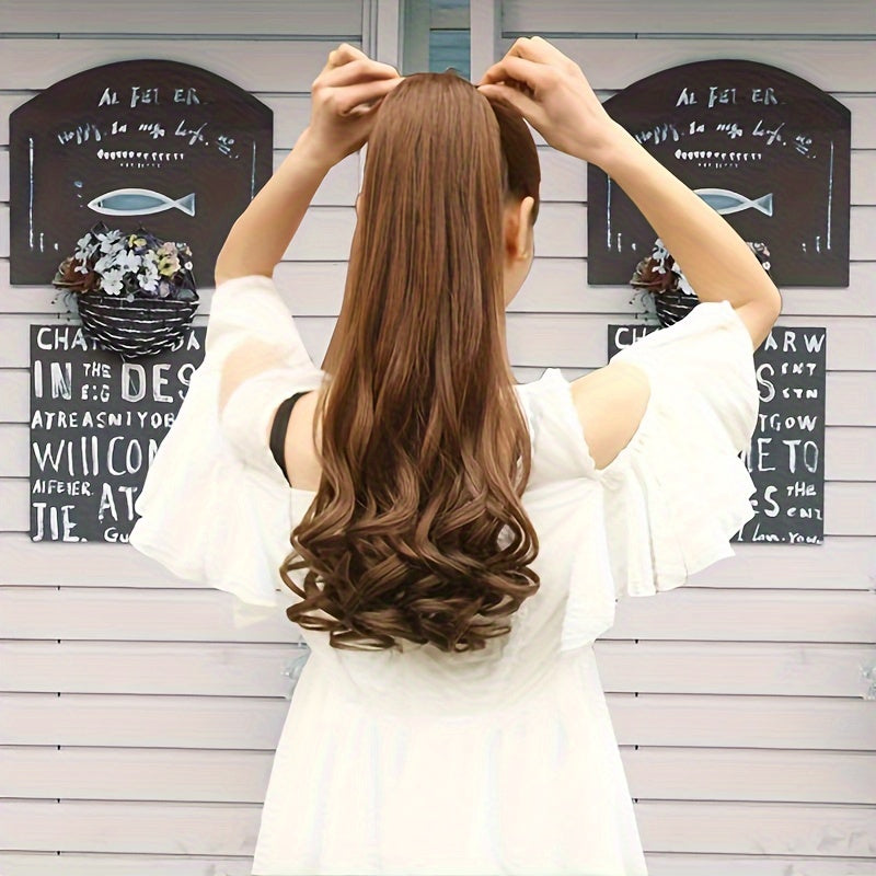 Women’s Brown Curly Wavy Ponytail Wig with Ribbon Tie High-Temperature Synthetic Hair
