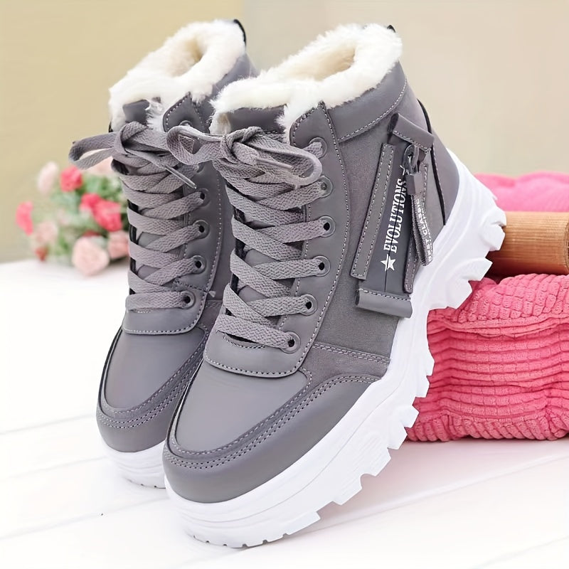 Women's Fluffy Solid Color Lace-Up Winter Snow Boots