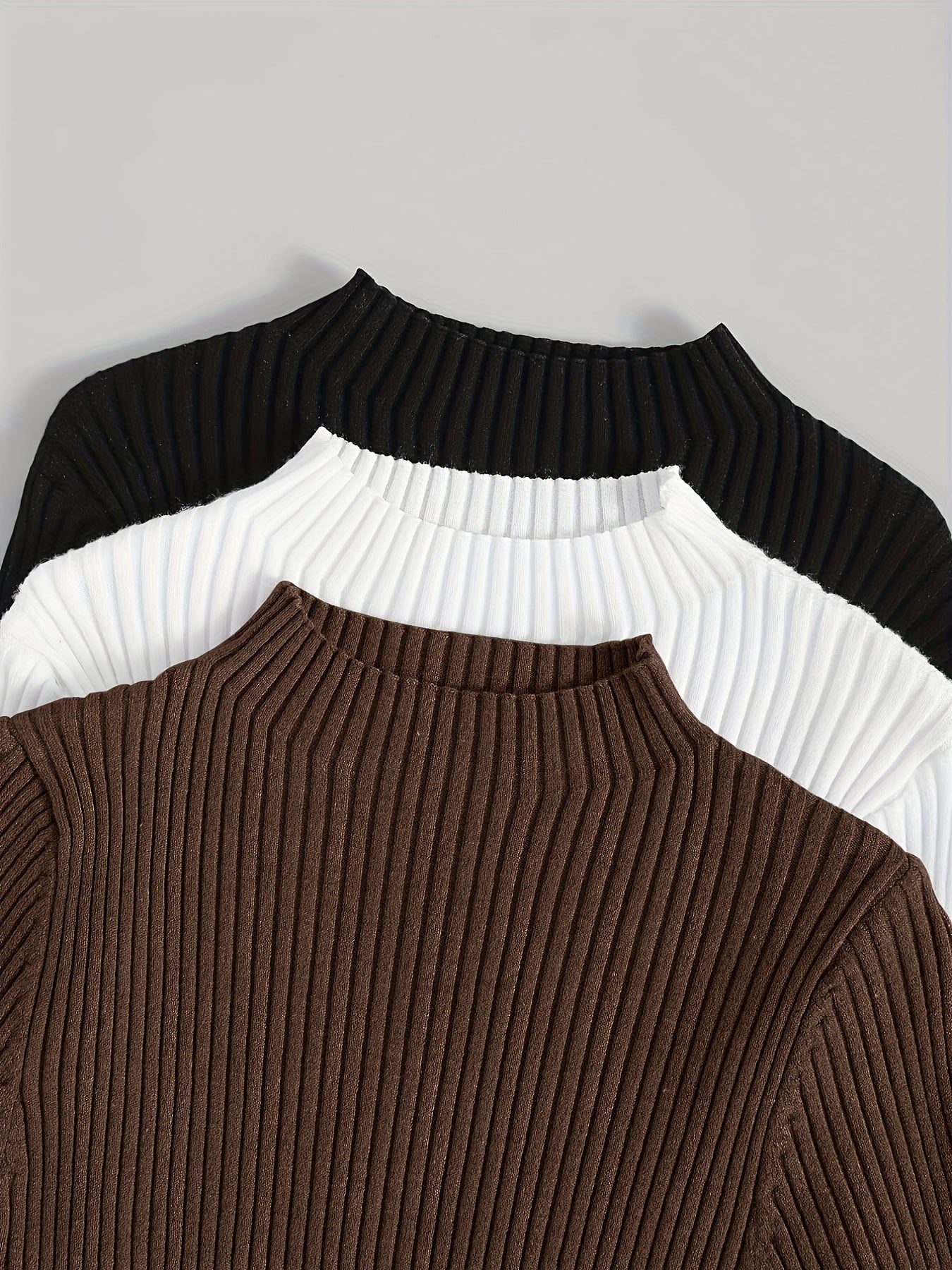 Camisetas de punto de canalé de color sólido para mujer, pack de 3, cuello alto, otoño e invierno, ajuste ajustado, suéteres casuales