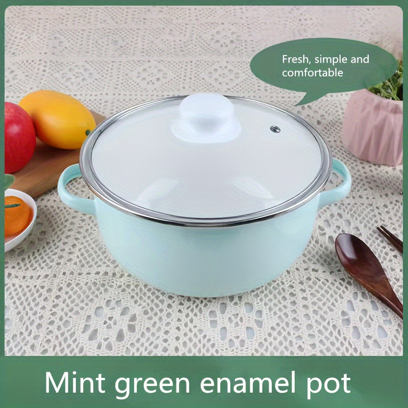 Enamel Stockpot with Lid Double Handle Thickened Design 22cm Mint Green