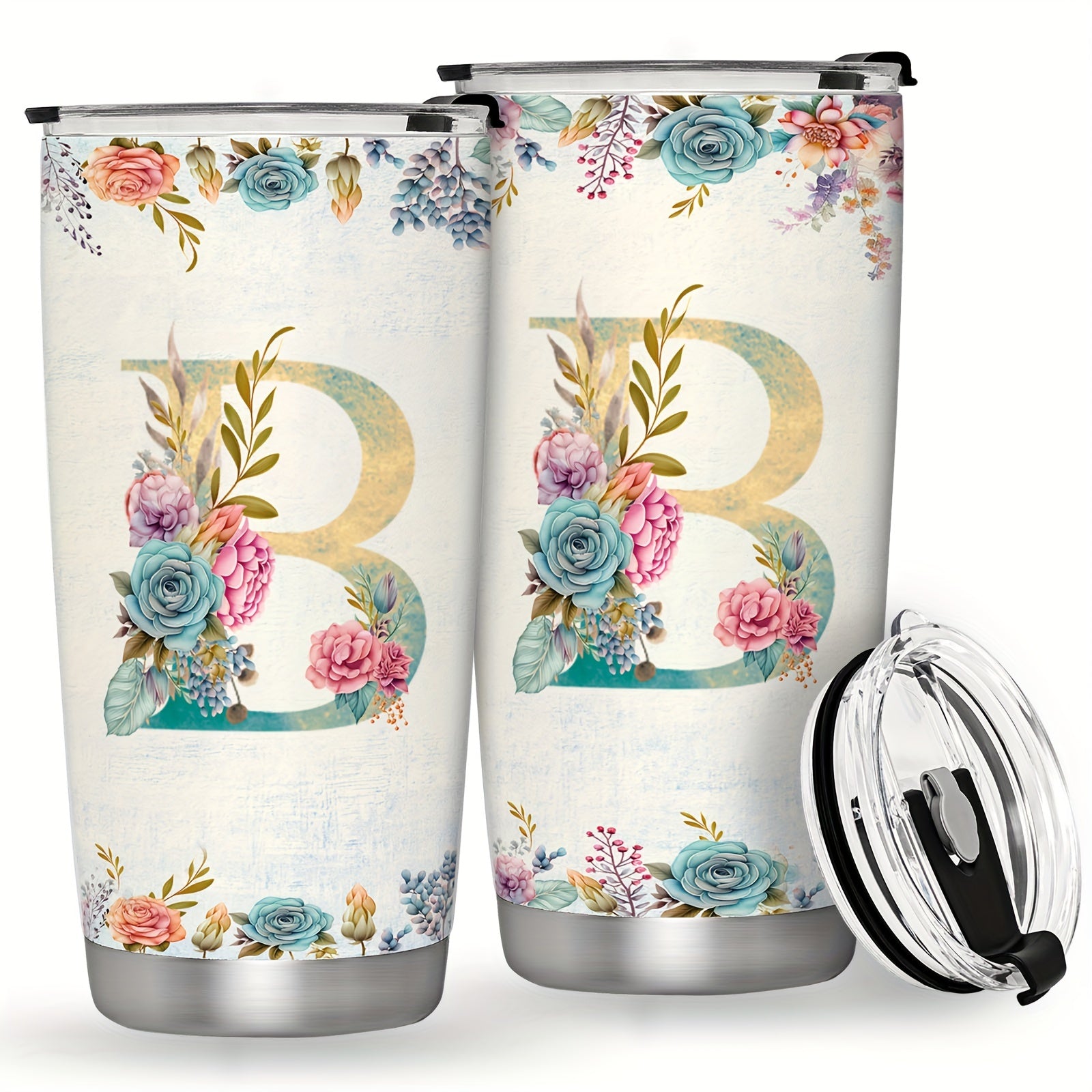 20oz Stainless Steel Tumbler with Monogram Floral Design Leak Proof Lid for Outdoor Use