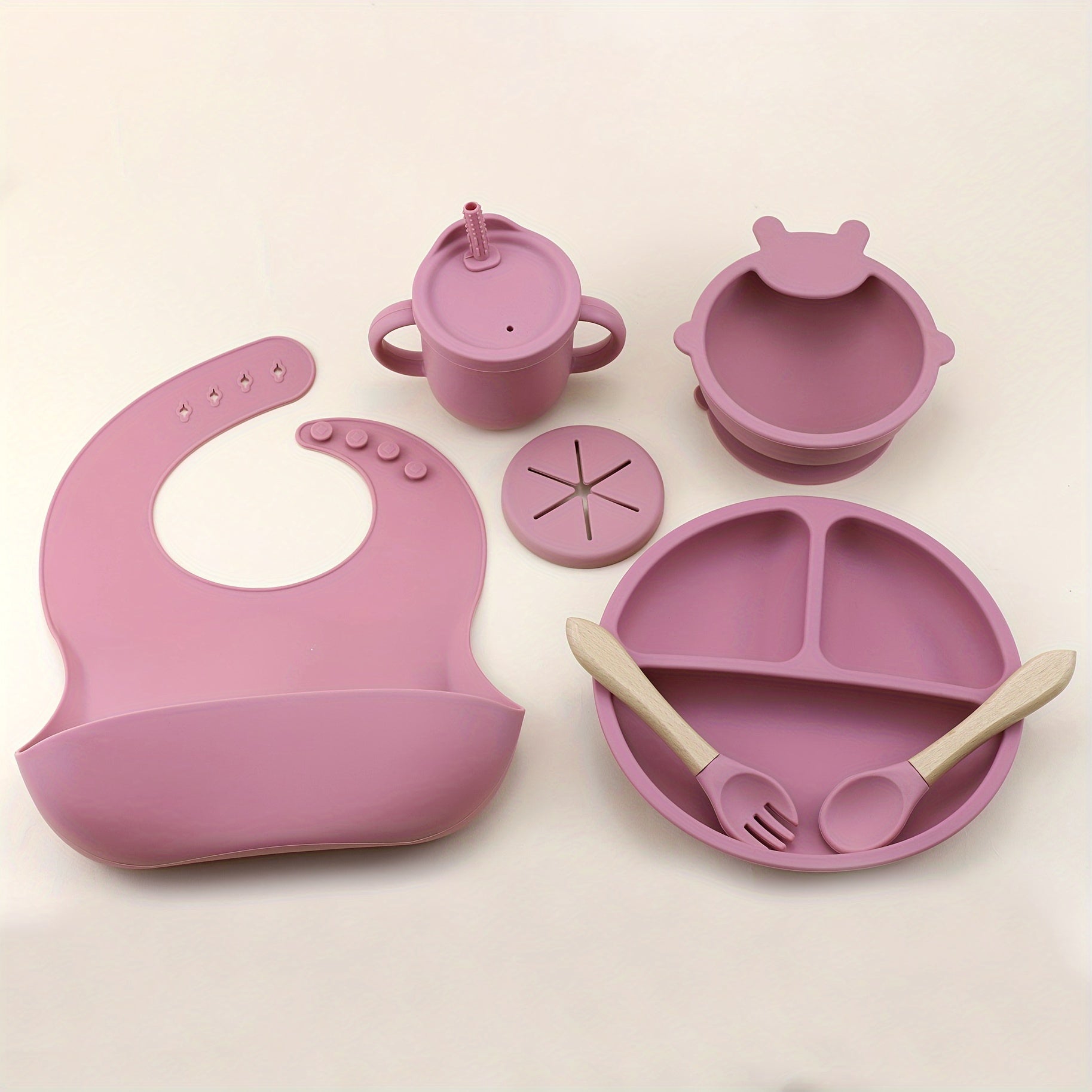 Kids Feeding Set 7 Pieces Silicone Bib Water Cup Teething Plate Suction Bowl Wooden Spoon Fork Red