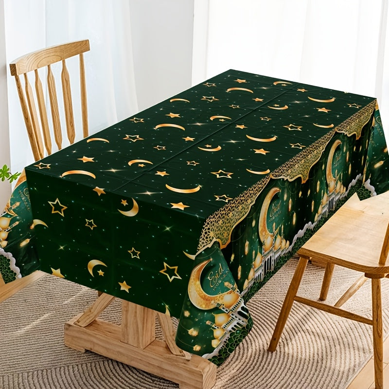 Green and Gold Eid Mubarak Tablecloth 130x220cm Plastic Ramadan Eid Celebration