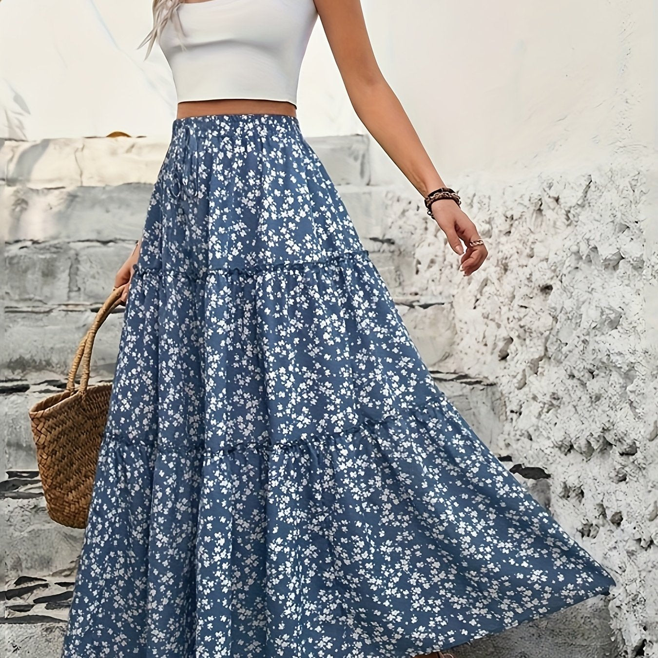 Plus Size Women's Summer Floral Maxi Skirt Light Blue White Daisy Tiered Beach Casual