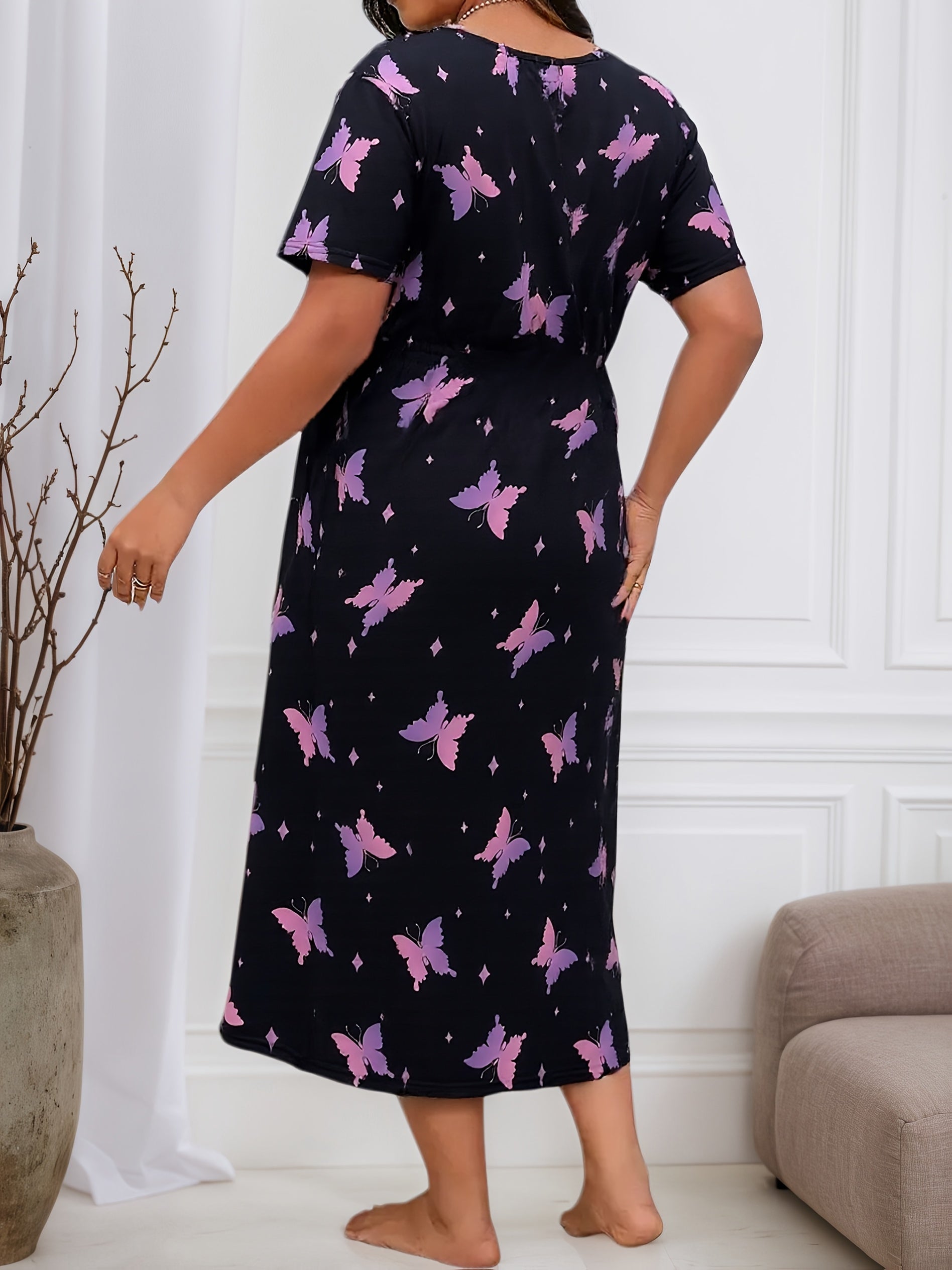 Женская пижама ночная с принтом бабочек, полиэстер, короткий рукав, для всех сезонов