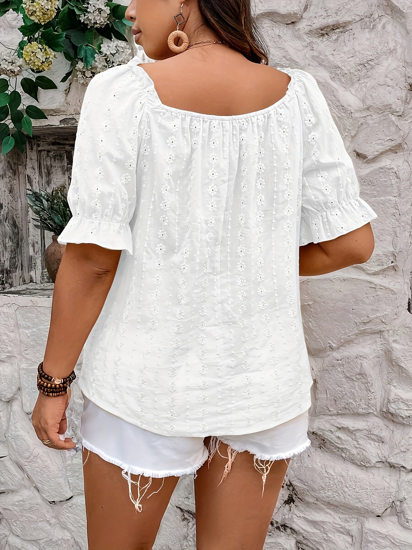 Plus Size White Lace Blouse Square Neck Short Sleeve Casual Office Wear