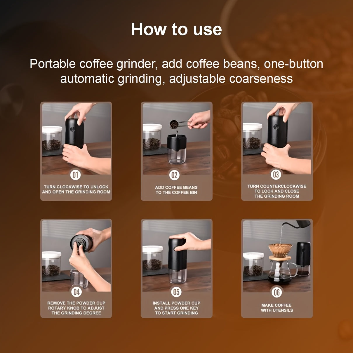 Molinillo de café eléctrico USB ajustable en grosor de molienda para hogar, viaje, camping, oficina duradero ABS