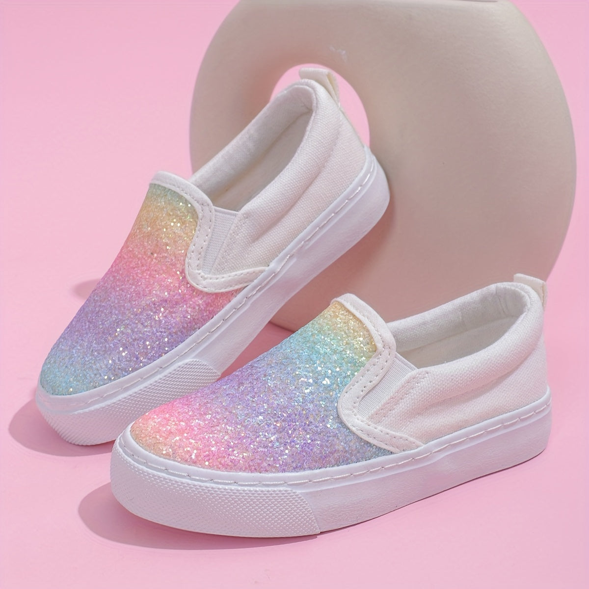 Girls' Rainbow Glitter Slip-On Sneakers Lightweight Canvas Rubber Sole Casual School Sports