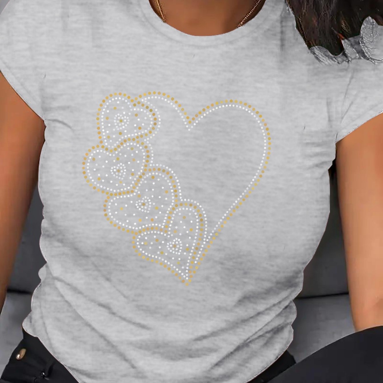 Plus Size Women's Casual T-Shirt with Rhinestone Heart Short Sleeve Beige