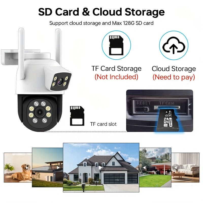 Paquete de 2 cámaras de seguridad de lentes duales para interior con panorámica-inclinación, visión nocturna, focos, sirena, WiFi, seguimiento automático, audio bidireccional