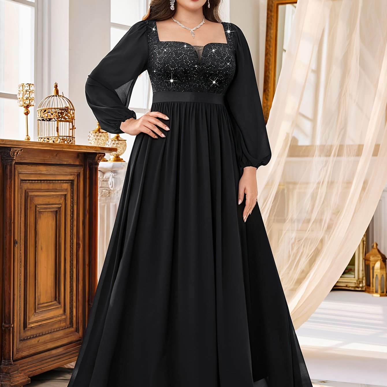 Plus Size Women's Sequin Lace Chiffon Evening Gown with Puff Sleeves