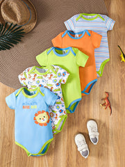 Baby Boy Cotton Romper Set 5pcs Summer Animal Pattern Stripes Crew Neck