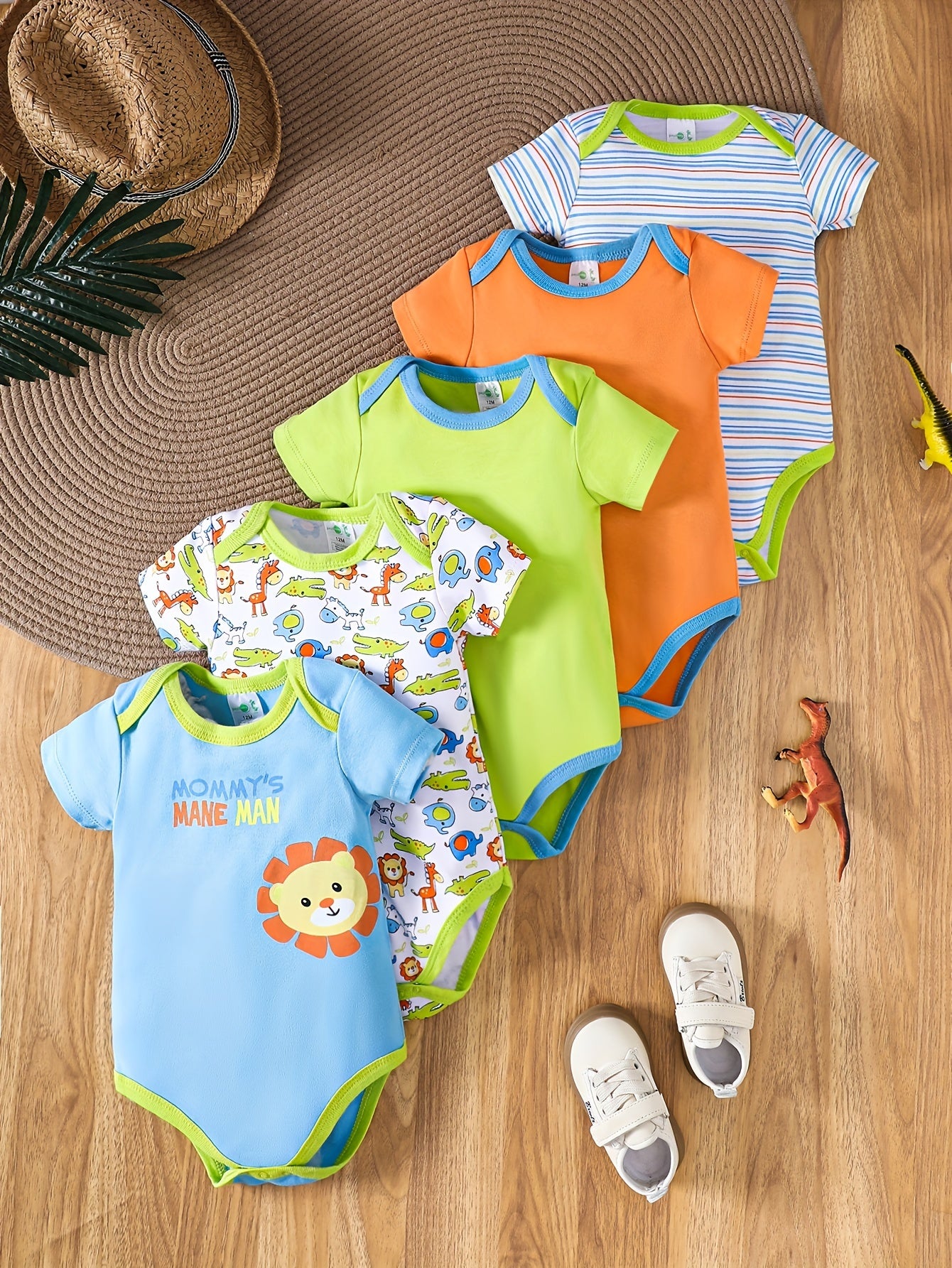 Baby Boy Cotton Romper Set 5pcs Summer Animal Pattern Stripes Crew Neck