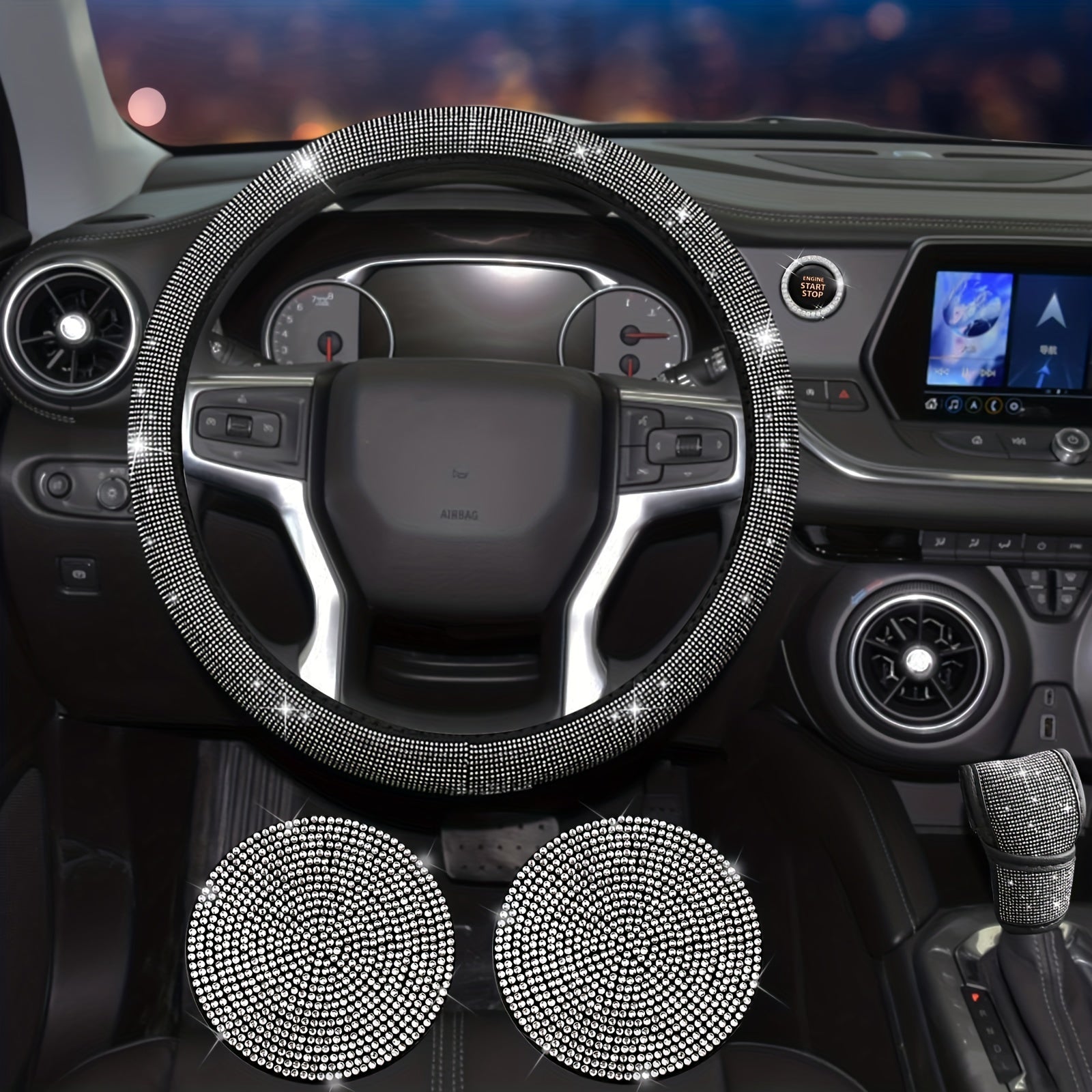 Juego de accesorios de coche con brillo para mujer: cubierta de volante, posavasos, protectores de cinturón, almohadillas para el hombro y cubierta de palanca de cambios