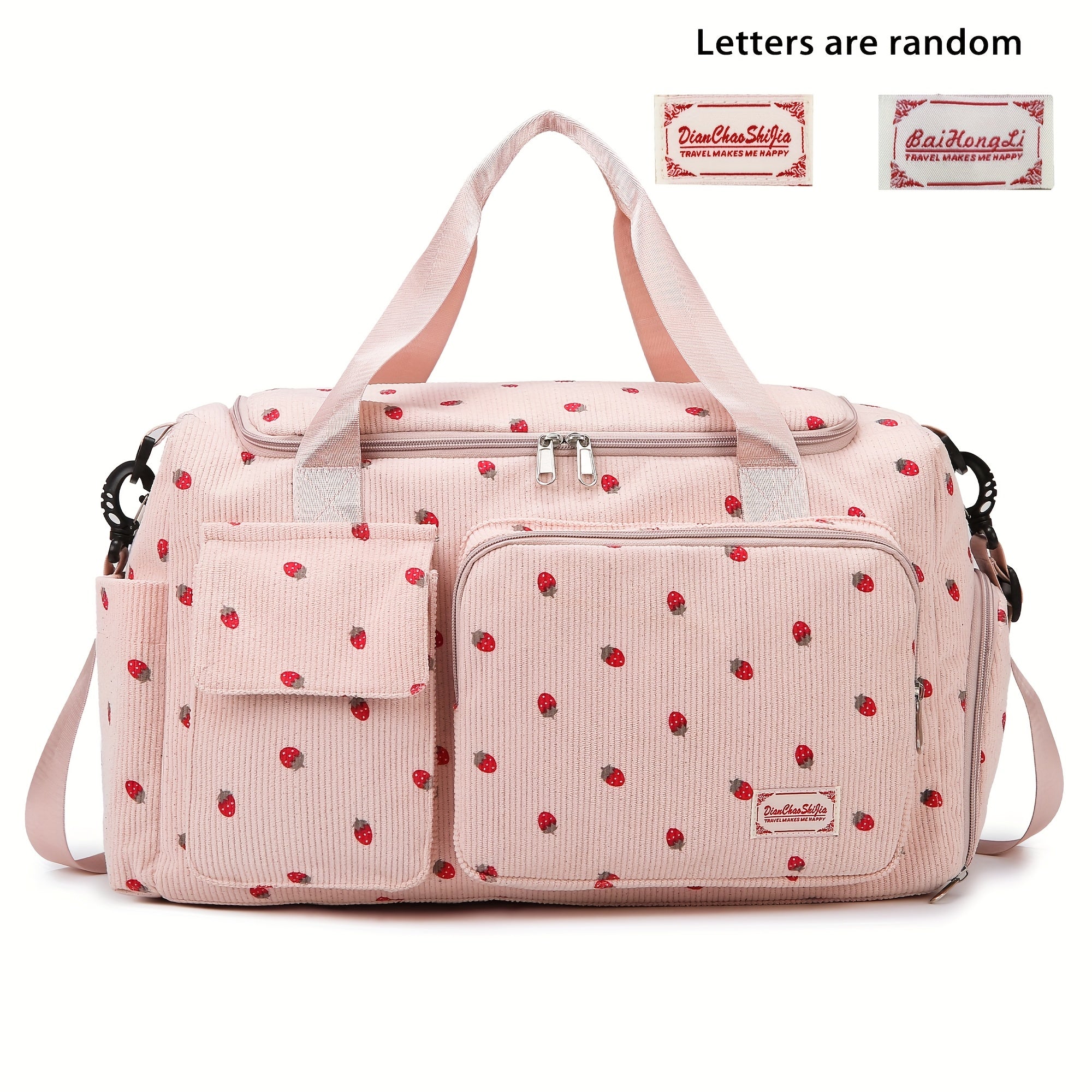 Corduroy Travel Bag with Strawberry Print Wet and Dry Separation Shoe Compartment for Vacation Gym and School