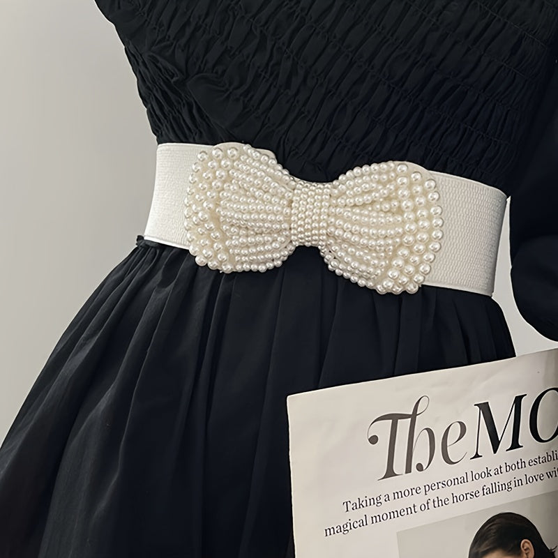 Ayollar uchun keng rezina belbog'li, sun'iy marjonli bowknot bilan keng belbog'