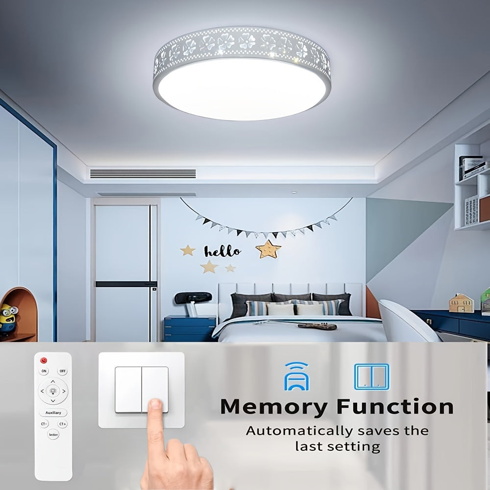 1 dona LED shift chirog'i, masofadan boshqarish pult bilan, rang harorati sozlanishi (2700K-4500K-6400K), oq temir dumaloq dizayn (28x5 sm) ichki foydalanish uchun yotoqxonalarda va maktab xonalarida.