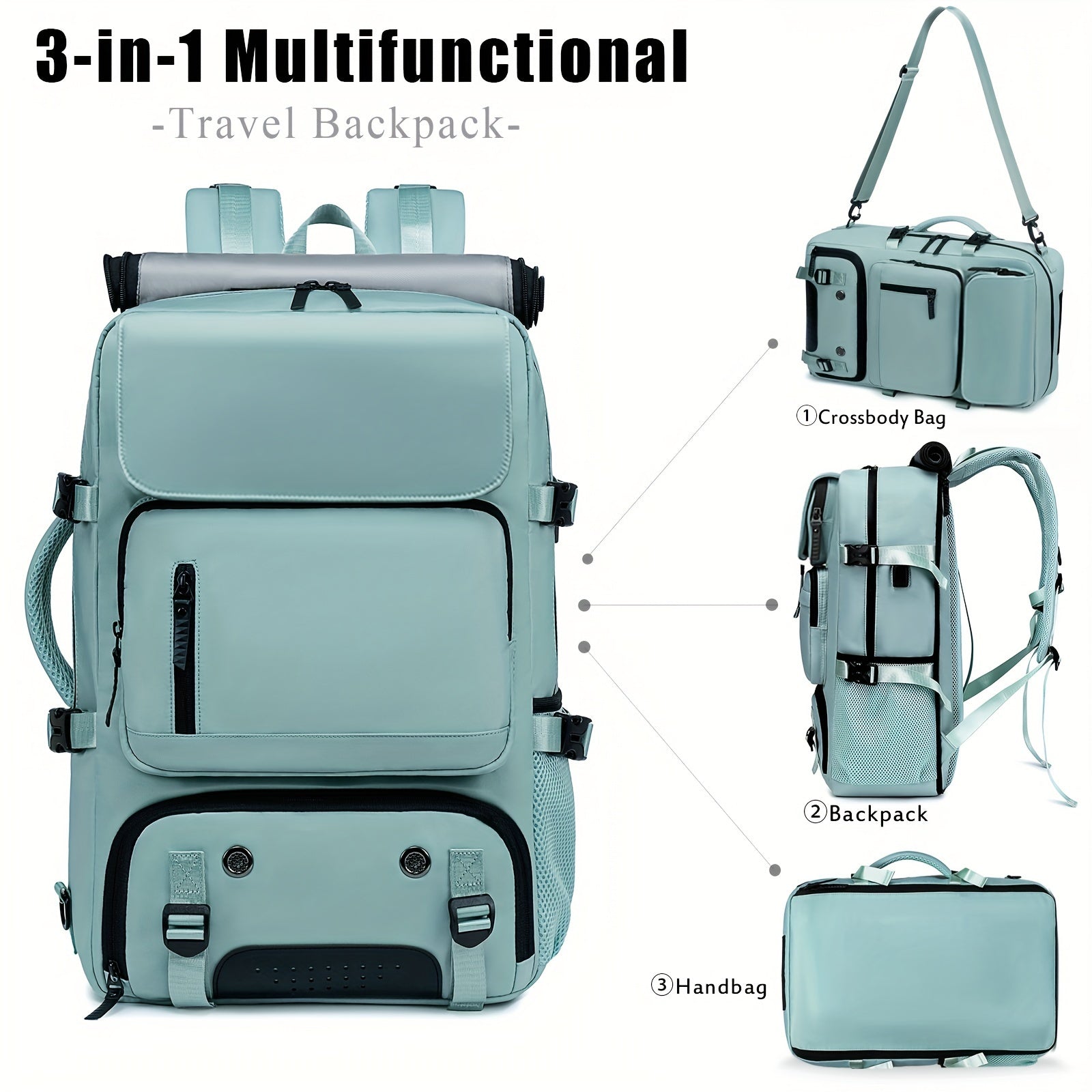 Waterproof Backpack with USB Port Trolley Sleeve Shoe Grid for Outdoor Hiking and Travel
