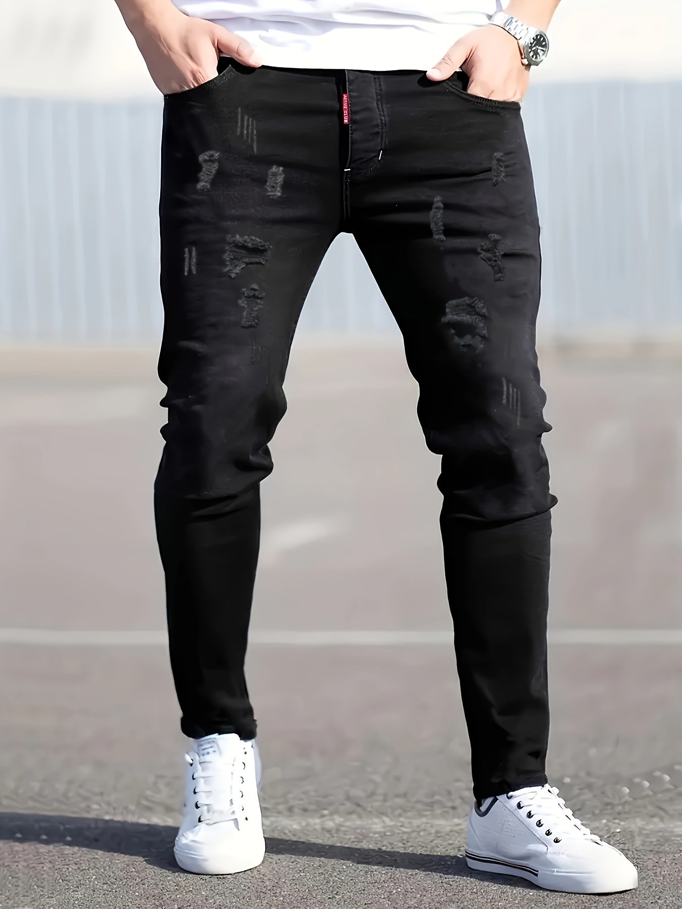 Men's Black Ripped Skinny Jeans with Stretch, All-Season, Machine Washable