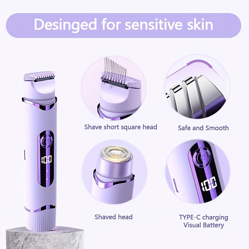 2-in-1 Women's Electric Shaver for Face, Legs, Underarms Rechargeable Cordless Pink Purple