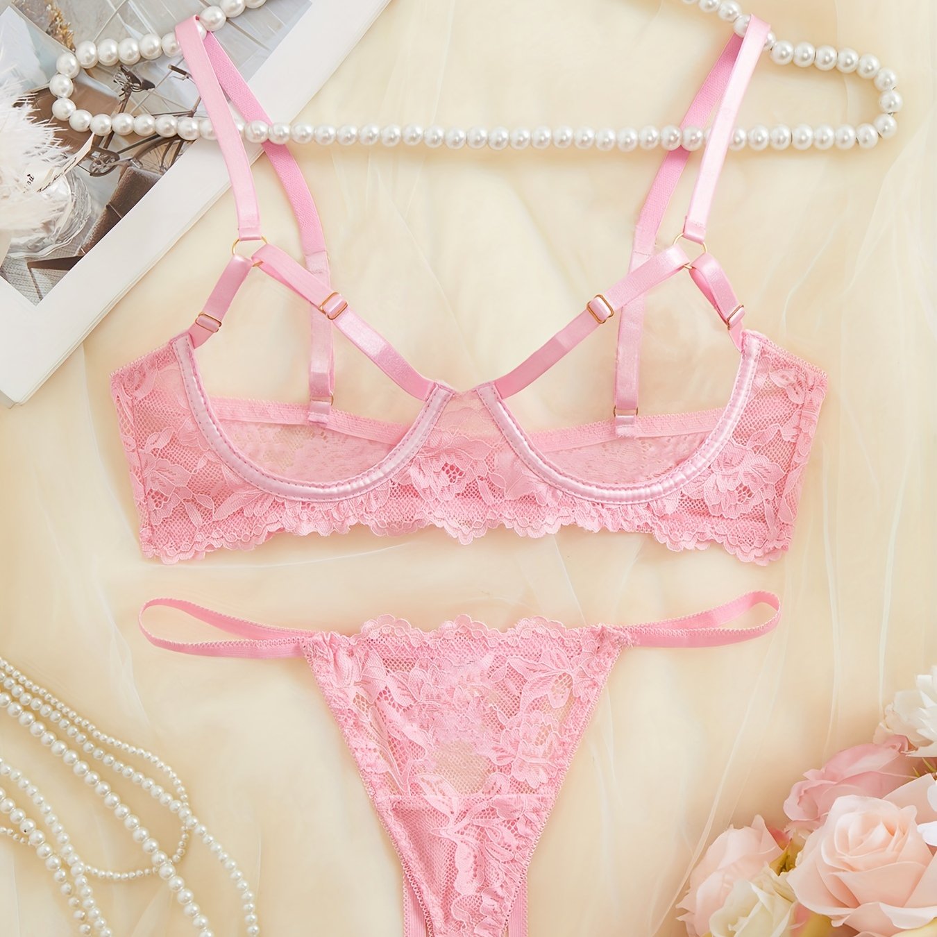 Women's Floral Lace Lingerie Set with Open Cup Bra and Crotchless Thong