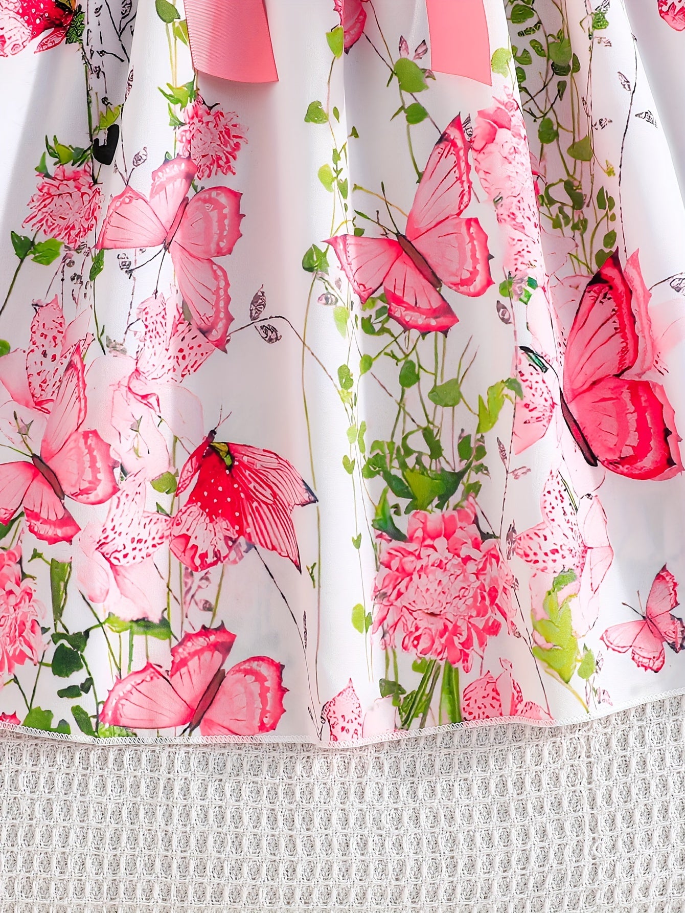 Girls Summer Butterfly Print Midi Dress Set with Belt and Ribbed Sleeves