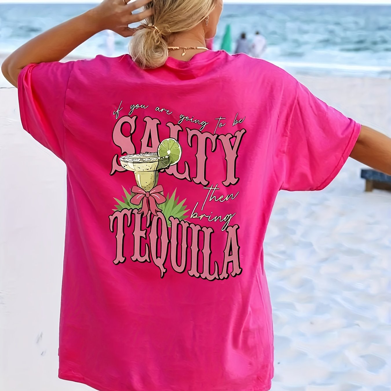 Plus Size Women's Pink Graphic T-Shirt Short Sleeve Summer Beach Wear