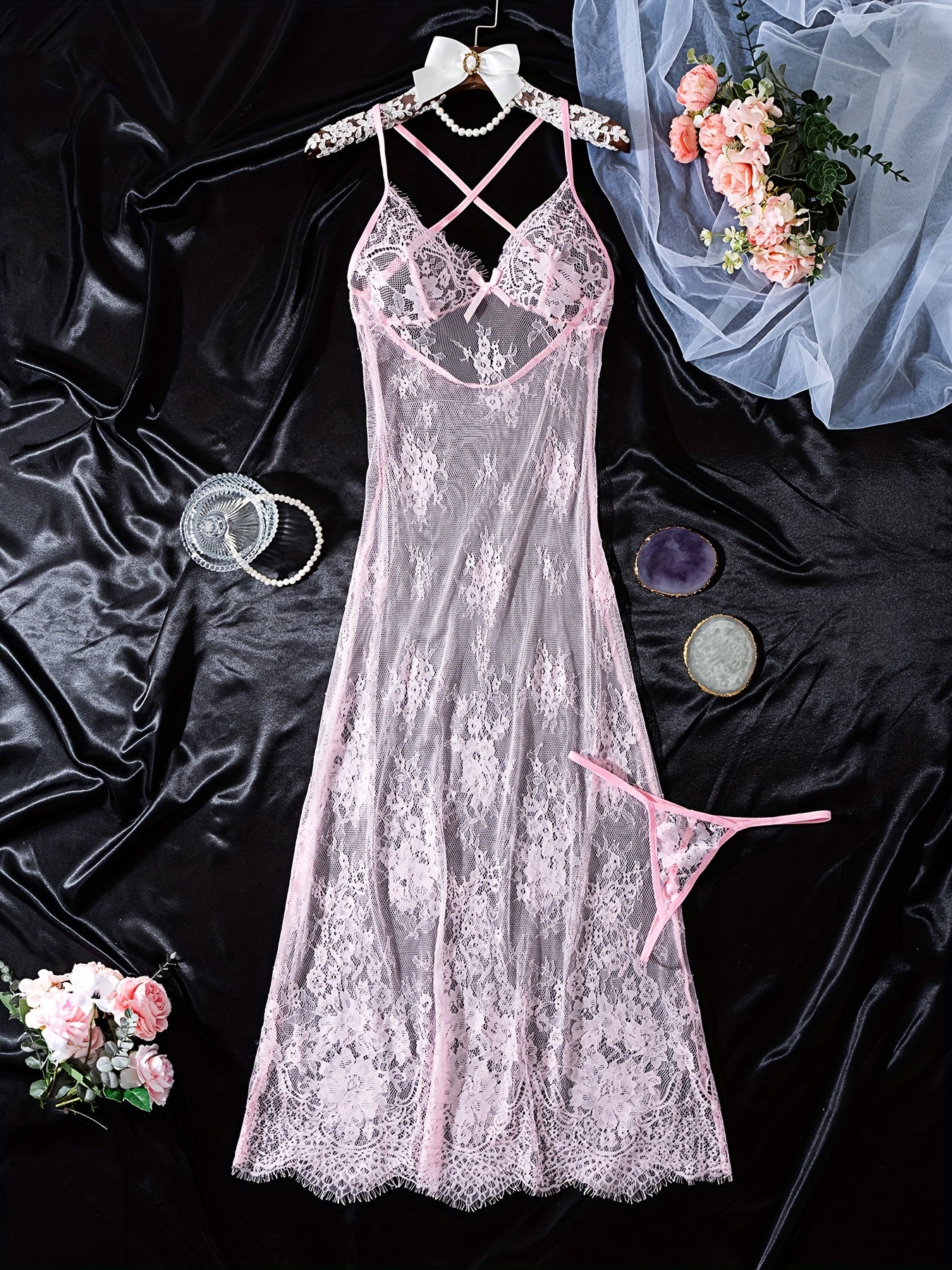 Women's Lace Dress with Deep V Back and See-Through Design