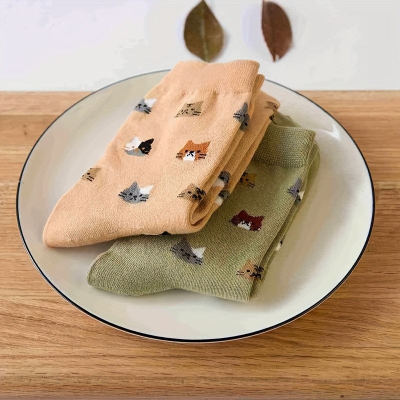 Women’s Cotton Cat Cartoon Socks 5 Pairs Mid-Calf Fall Winter Cozy Multi-Color