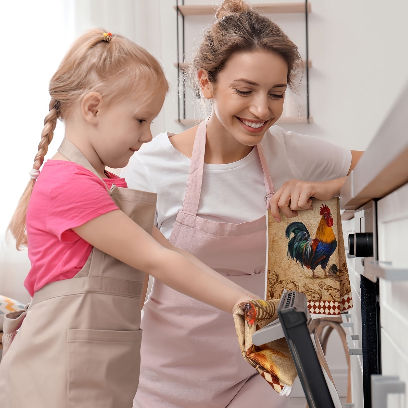 4pc Rustic Rooster Kitchen Hand Towels Polyester Dish Cloths Vintage Christmas Tea Towels