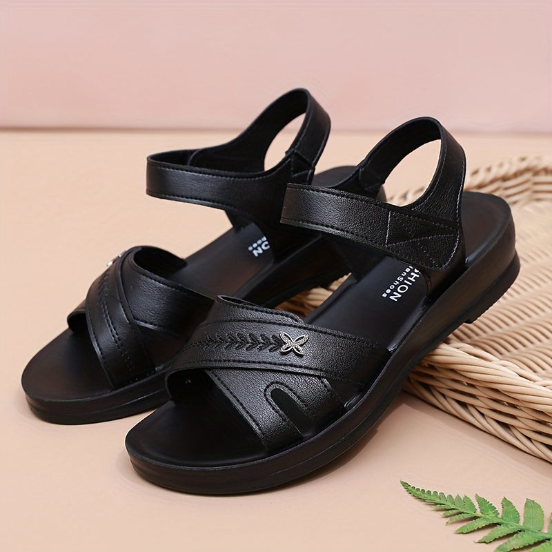 Women Sandals Flat Comfortable Non-Slip Summer Shoes Black Decorative Straps