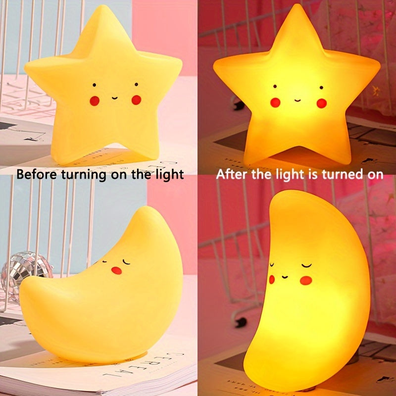 Crescent Moon and Star Night Light with Smiling Face Battery-Operated Desk Lamp for Bedroom and Gifts