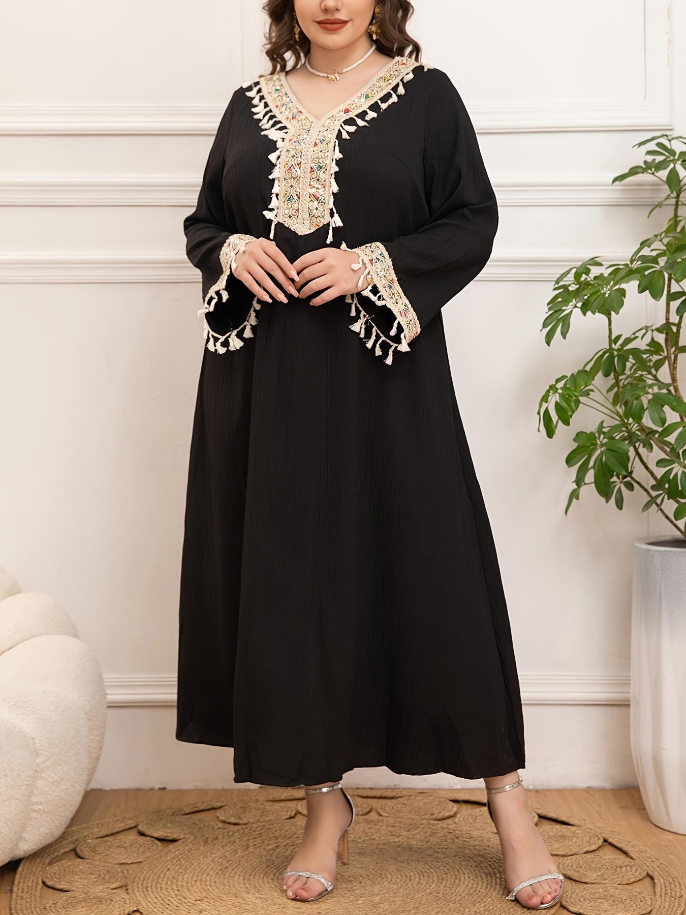 Women's Plus Size Ethnic Embroidered V-Neck Dress Long Sleeve Belly Hiding