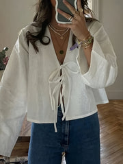 Women's V-Neck Tie Front Polyester Shirt Solid Color Spring Fall Adult Sizes