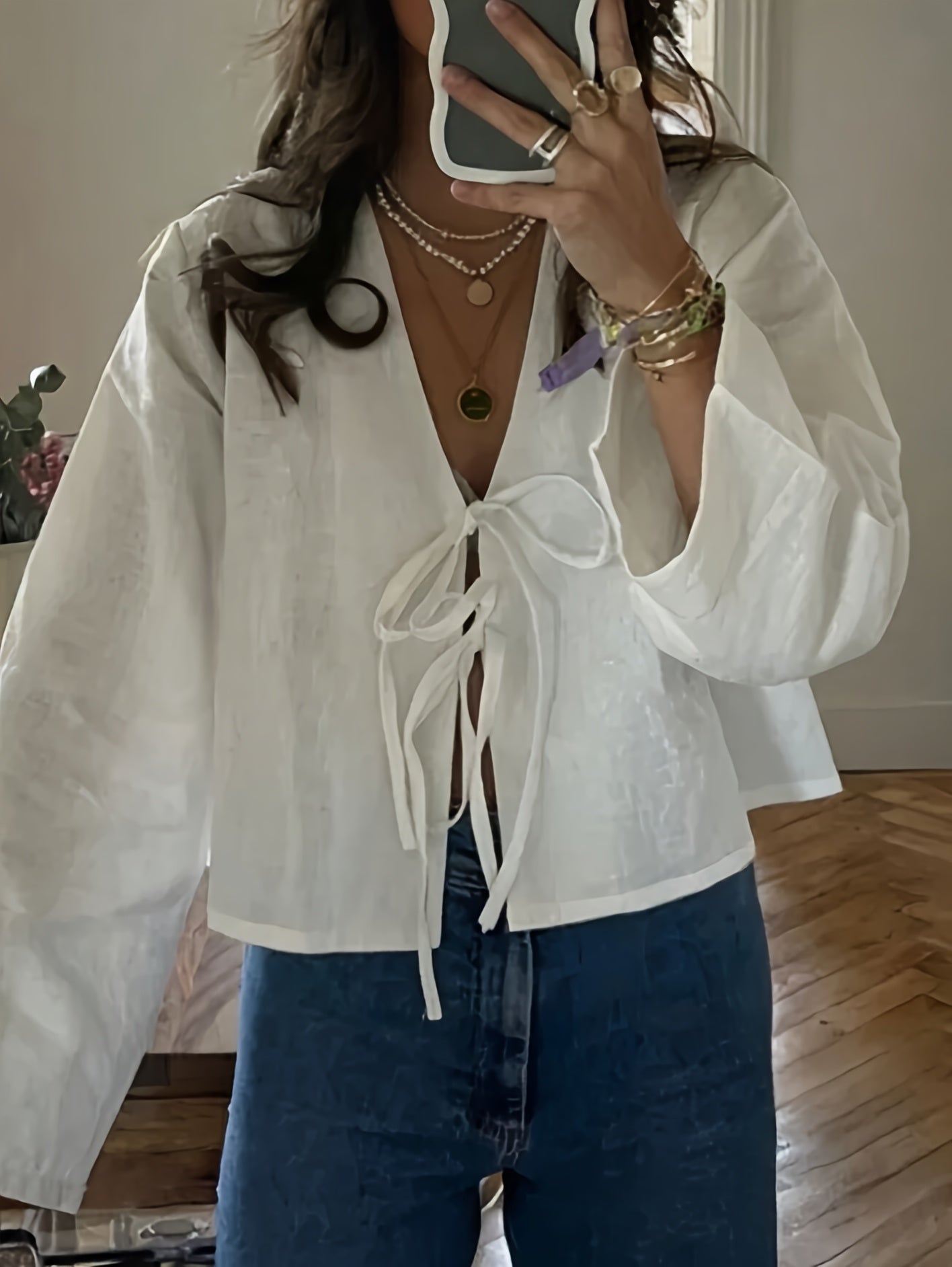 Women's V-Neck Tie Front Polyester Shirt Solid Color Spring Fall Adult Sizes