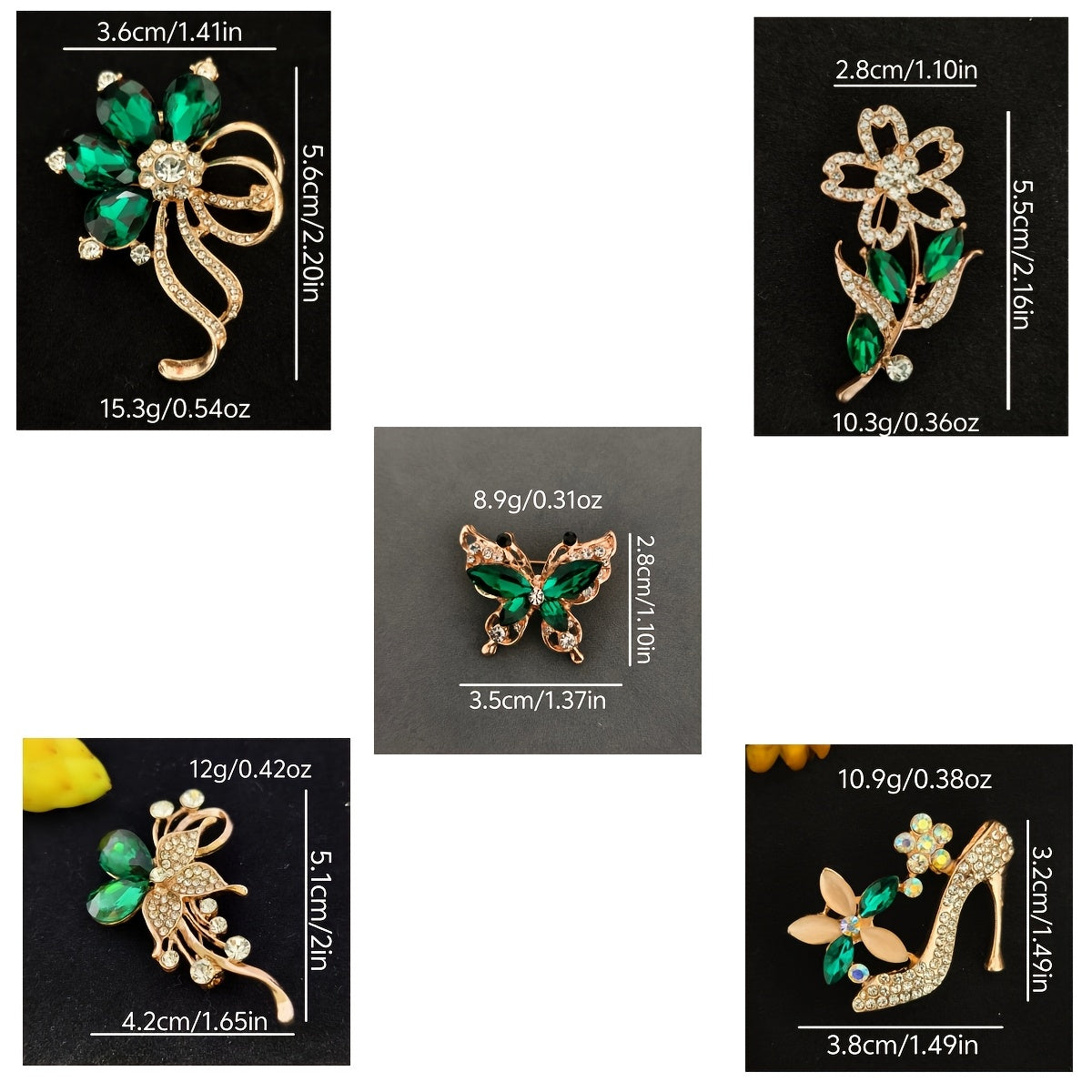 Set of 5 Vintage Brooch Pins with Rhinestones and Glass Crystals Floral Butterfly Designs for Gifts and Parties