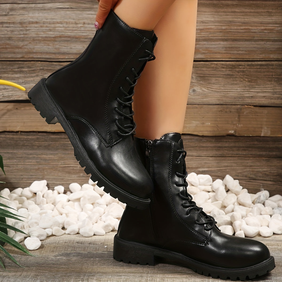 Women's Solid Color Platform Boots with Side Zipper and Round Toe