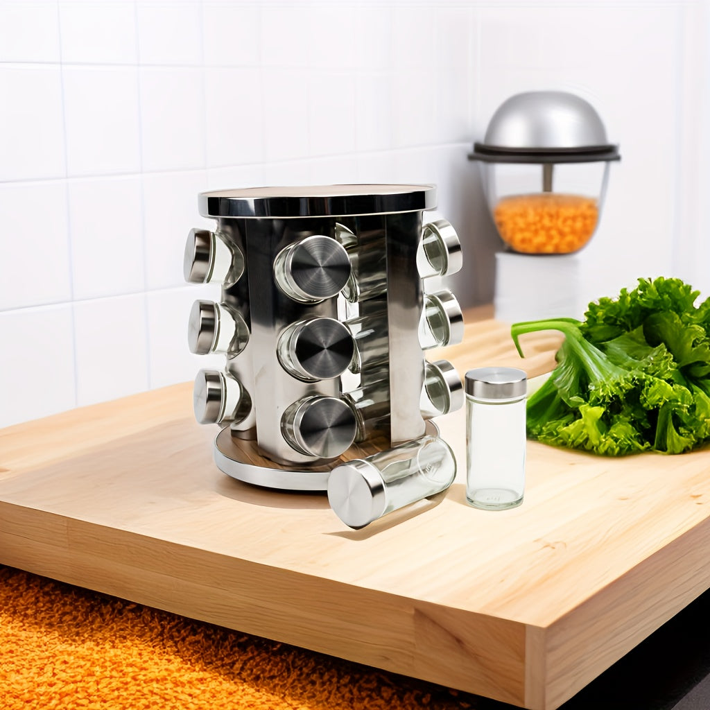 Stainless Steel Spice Rack Set with Glass Jars, Rotating Base, 12 Pieces