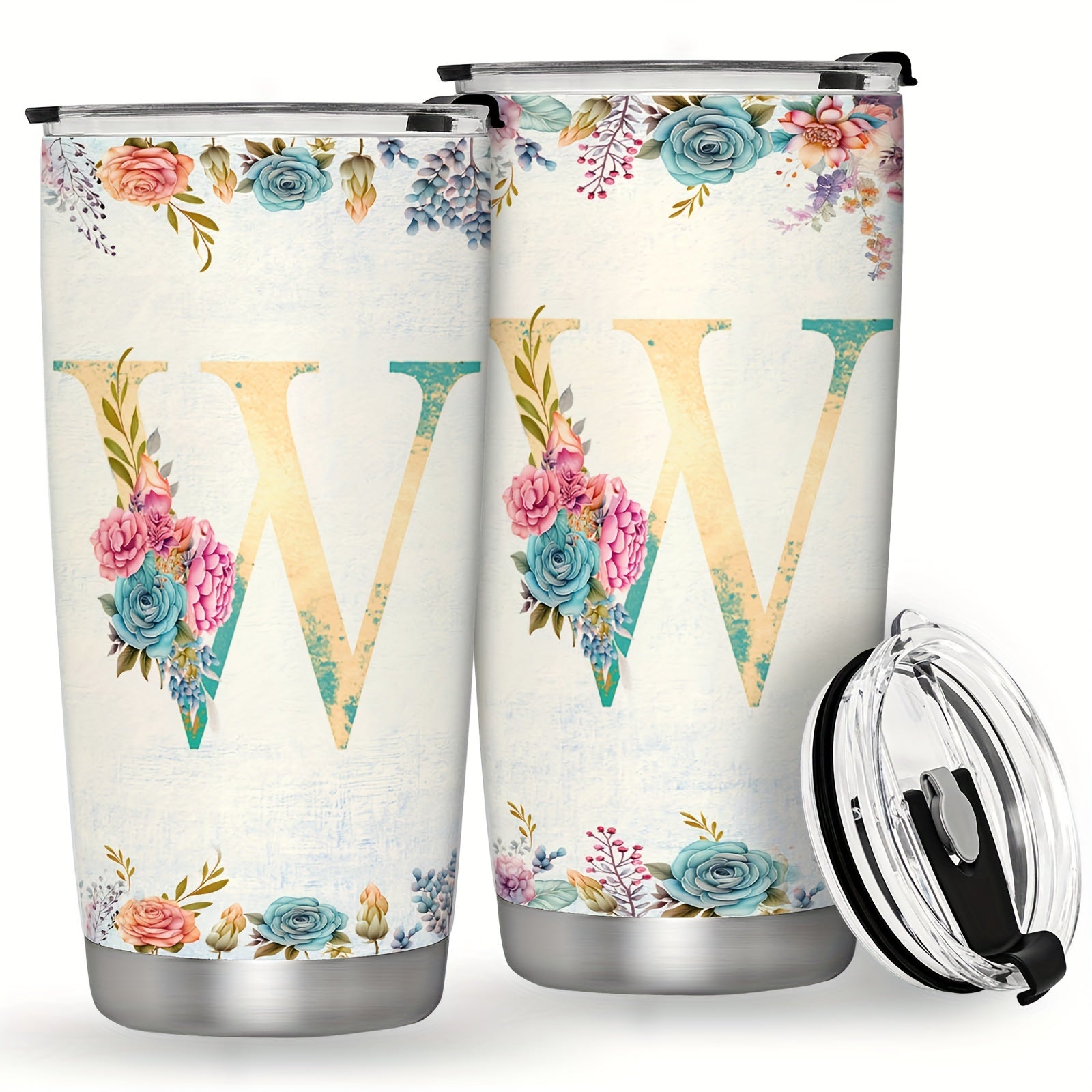 20oz Stainless Steel Tumbler with Monogram Floral Design Leak Proof Lid for Outdoor Use