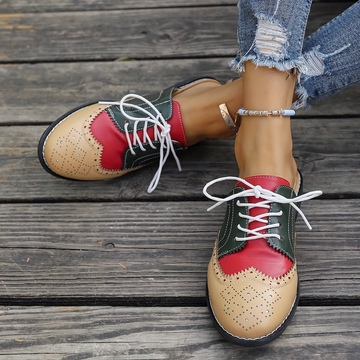 Women Flat Mules Slip-On Shoes Color-Block Comfortable Stylish