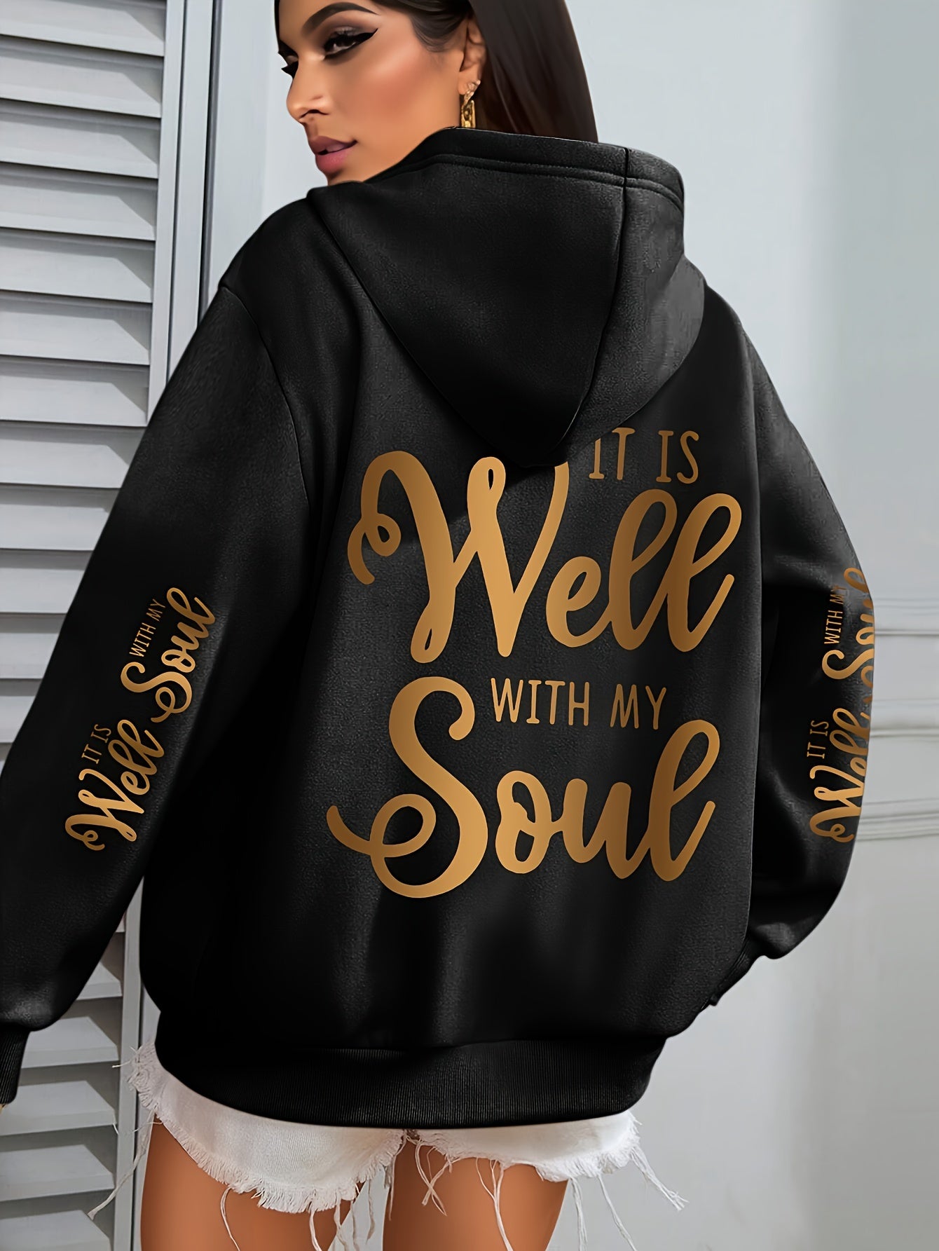 Plus Size Hooded Sweatshirt with Gold Lettering Oversized Fall Winter Cozy
