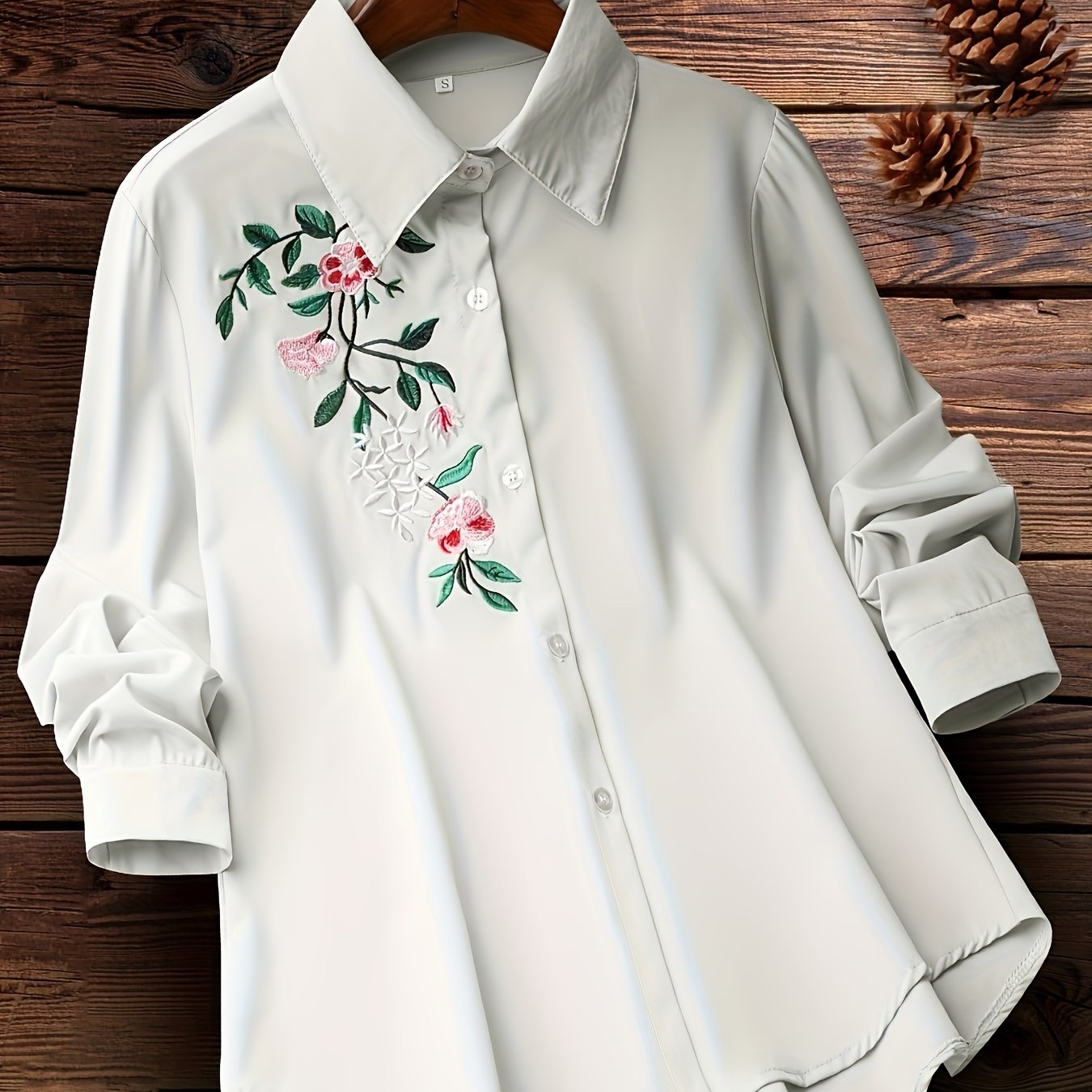 Women's Embroidered Floral Woven Shirt with Lapel Collar for Spring and Fall