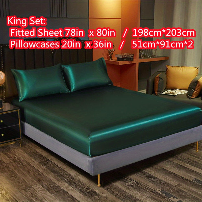 Satin Bedding Set 3 Pieces Fitted Sheet and Pillowcases Solid Color