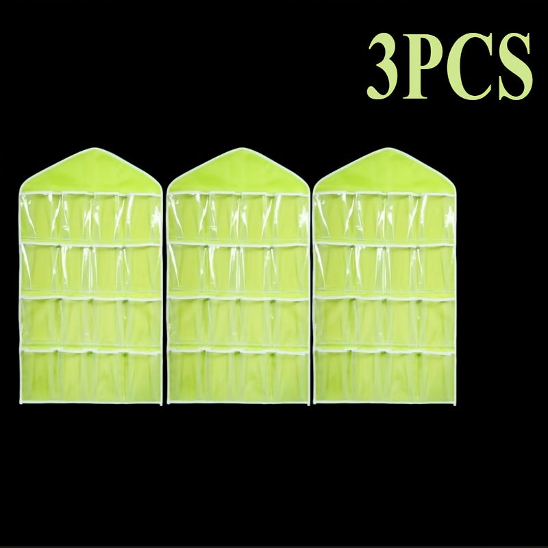 Set of 3 Hanging Storage Bags with 16 Pockets for Socks Underwear and Accessories Space-Saving Wardrobe Organizer