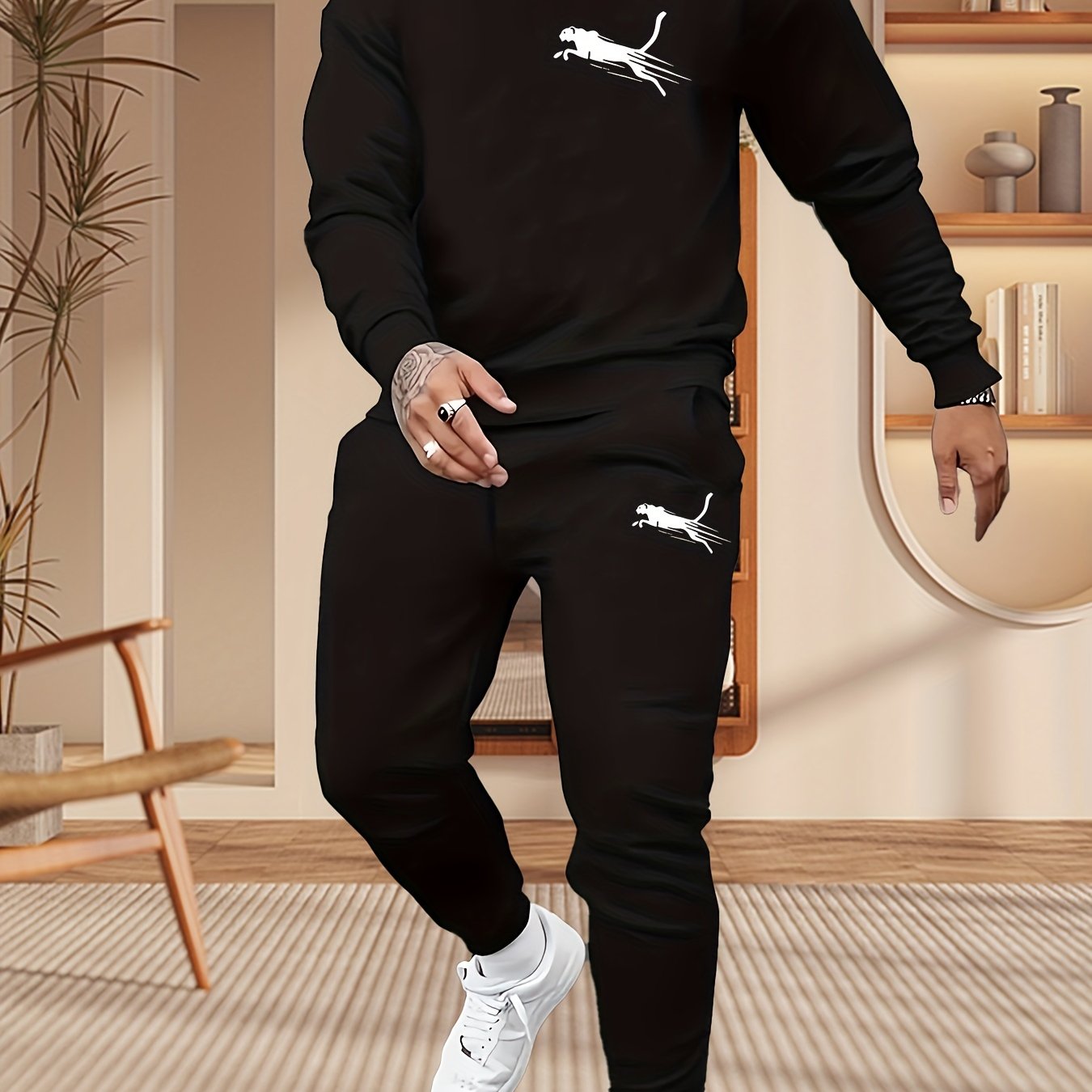 Conjunto de pijama casual para hombre con camiseta de cuello redondo de manga larga y pantalones de poliéster de punto para el otoño