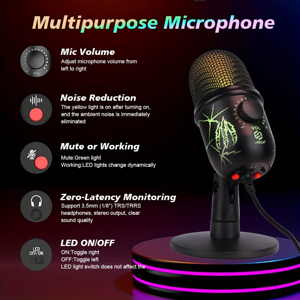 USB Condenser Microphone with RGB Lighting Noise Reduction Volume Control for Gaming Streaming Singing Video Conferencing