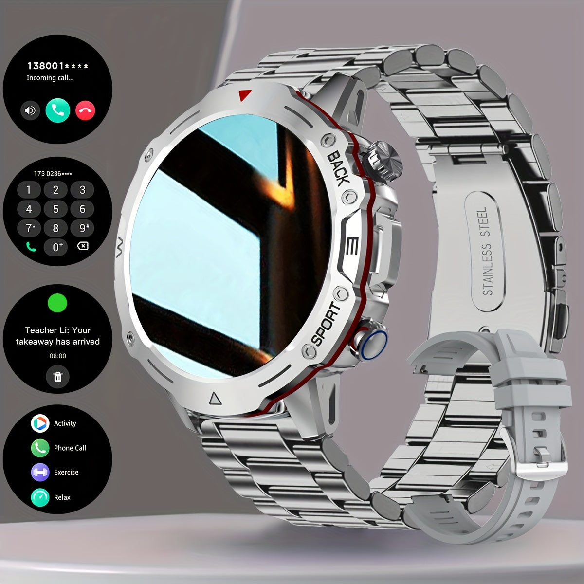 Men's Smartwatch Stainless Steel Band Fitness Tracker with Voice Call and Sports Modes